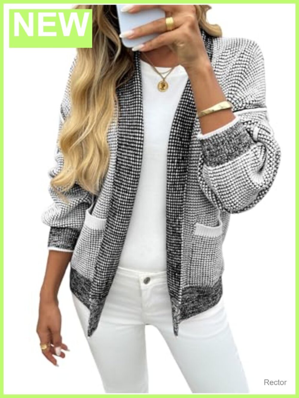 Waffle Knit Open Front Cardigan with Pockets